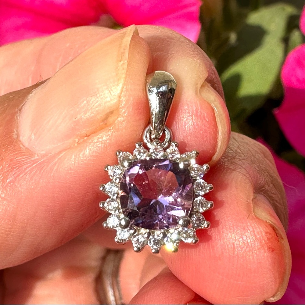 BRAND NEW Amethyst Halo Pendant, Sterling Silver
